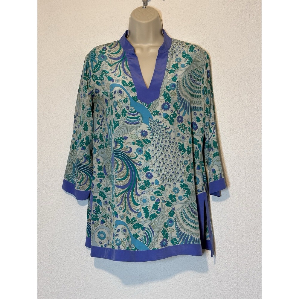 Annie Griffin Womens Sz Sm Tunic Top Silk V Neck Blouse 3/4 Sleeve Peacock Boho‎